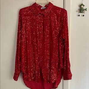 Calvin Klein Red Sequin Snap Down Collared Shirt Medium NWT